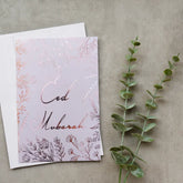 Wenskaart Eid Mubarak met delicate bloemen in rosé goud en roze tinten